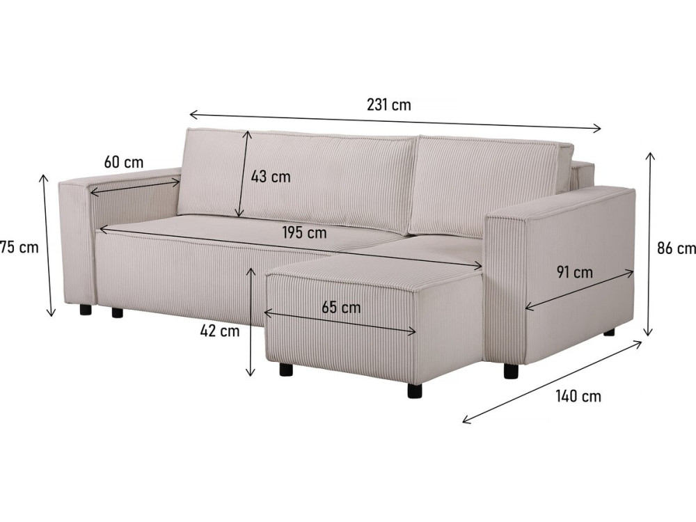 Sofá esquinero de pana "Montaigne S" - 3 plazas - Beige