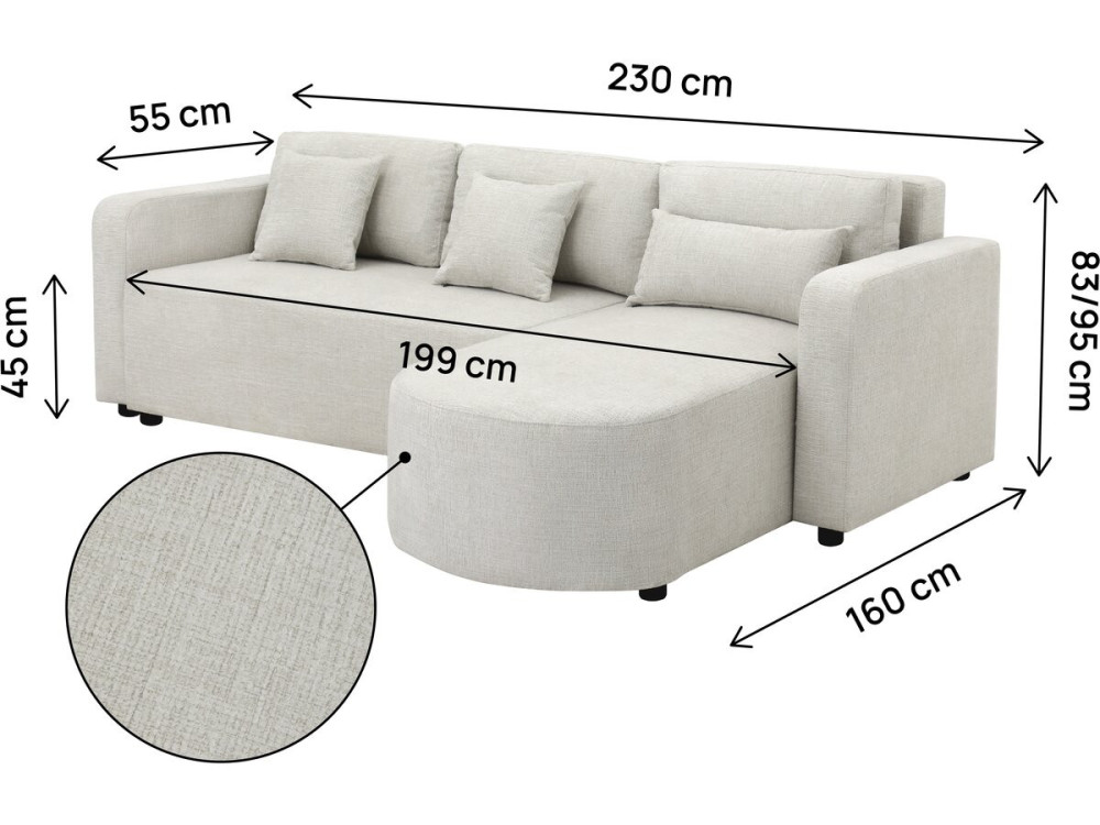 Sofá esquinero convertible/reversible de tela "Charles" - 3 plazas - Beige