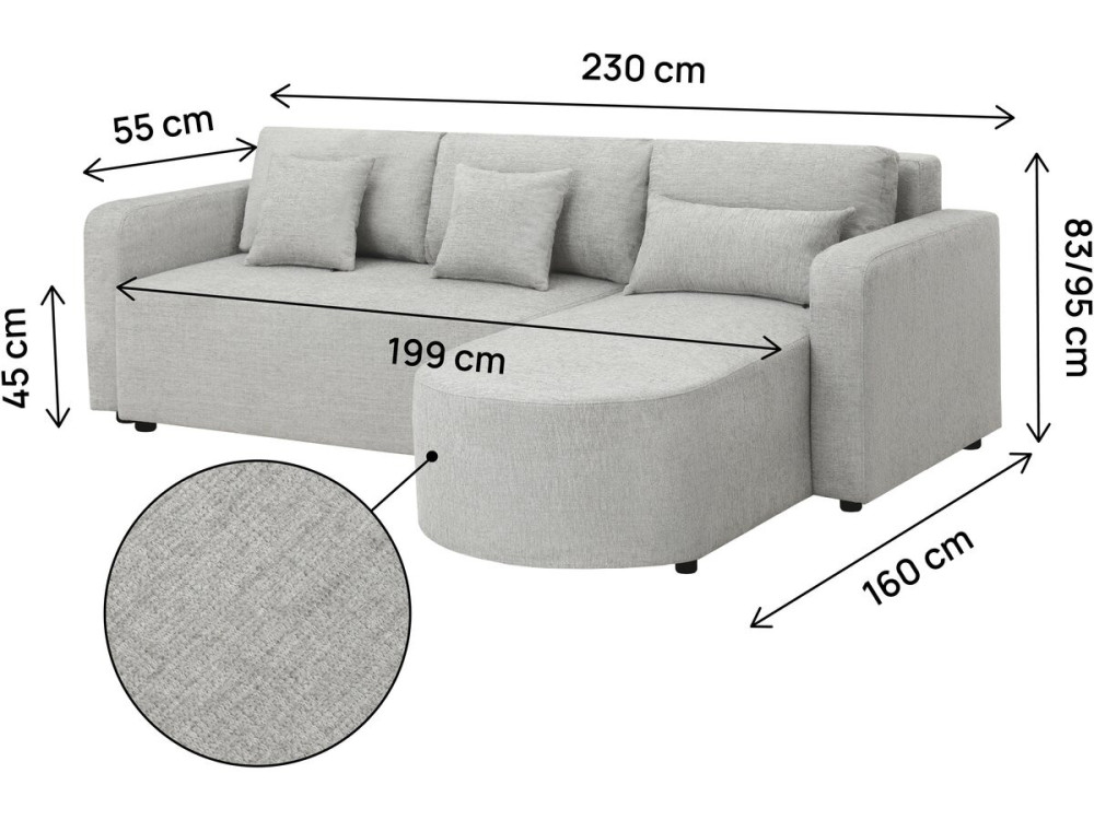 Sofá esquinero convertible y reversible de tela "Charles" - 3 plazas - Gris