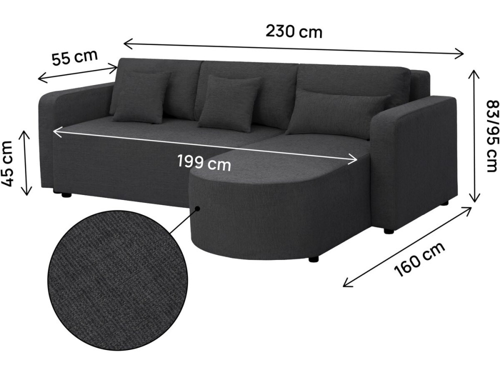 Sofá esquinero convertible/reversible de tela "Charles" - 3 plazas - Negro