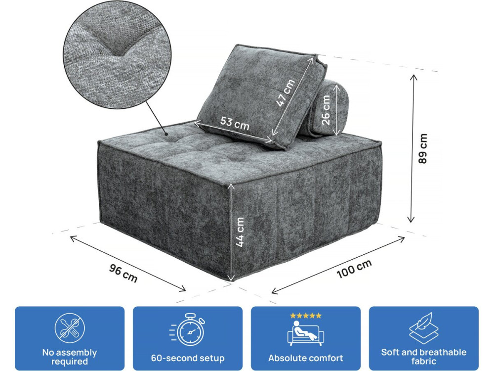 Sillón de tela texturizada «Velluto» - 96 x 100 x 89 cm - Gris