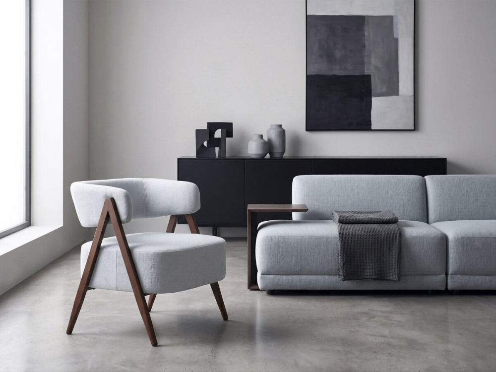 Sillón "Astra" con estructura de imitación madera - Gris claro
