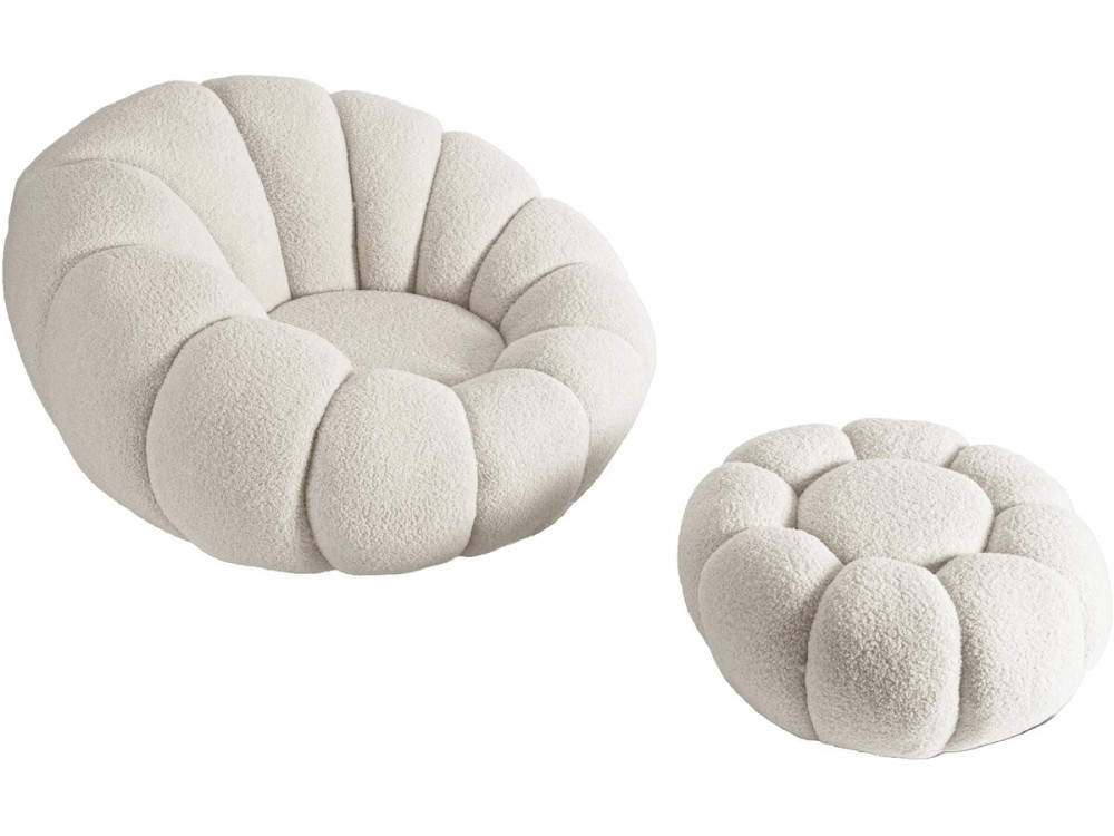 Sillón "Élysée" estilo burbuja con puf en tejido bouclette - Crema