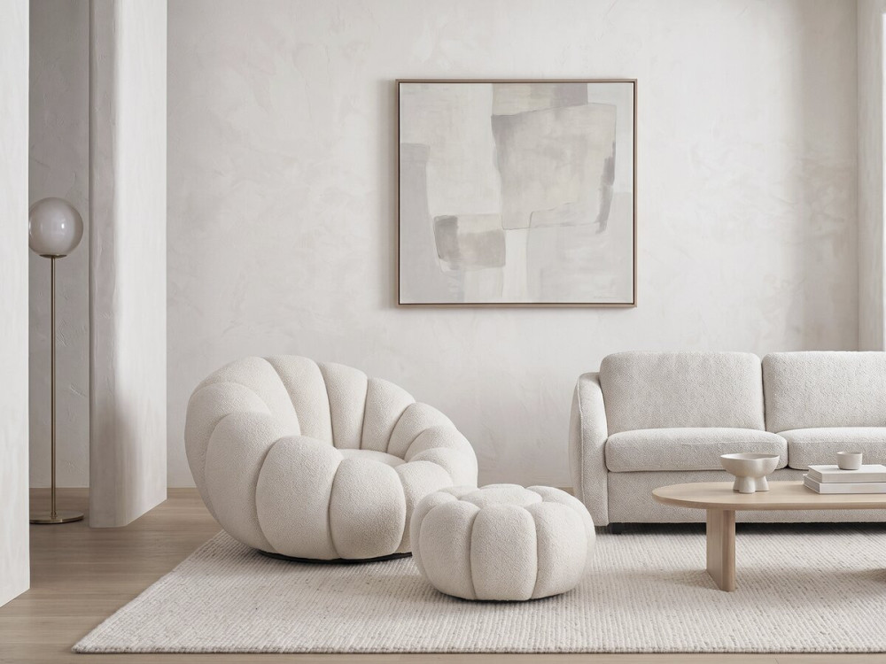 Sillón "Élysée" estilo burbuja con puf en tejido bouclette - Crema