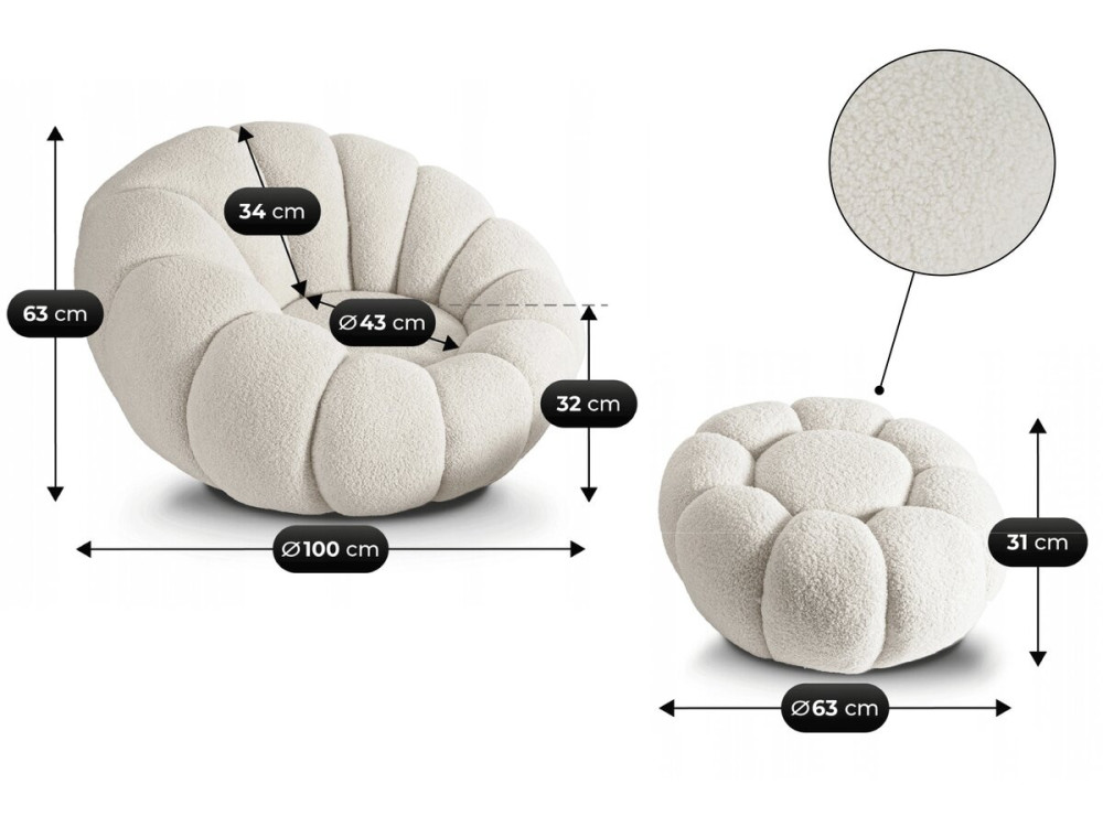 Sillón "Élysée" estilo burbuja con puf en tejido bouclette - Crema