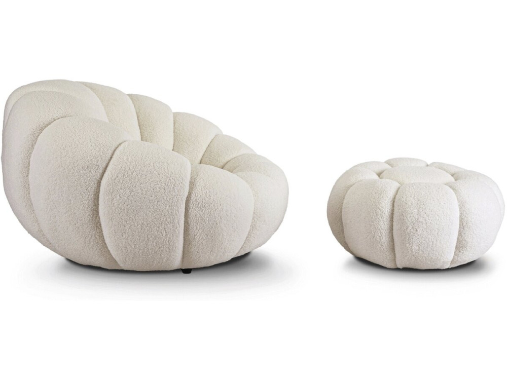 Sillón "Élysée" estilo burbuja con puf en tejido bouclette - Crema