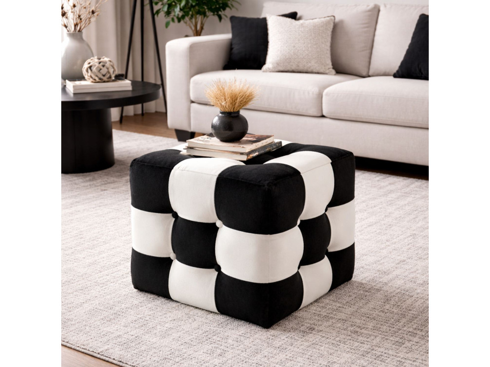 Puff de terciopelo "patchwork" - 42 x 42 x 42 cm - Negro / Blanco