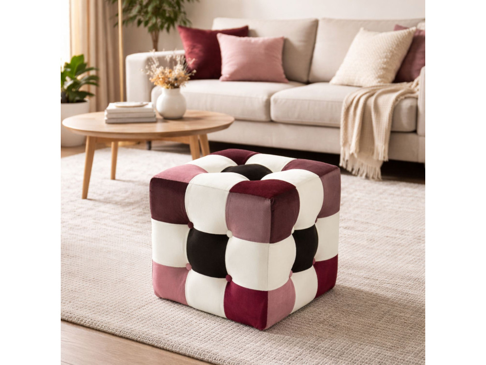 Puff de terciopelo "patchwork" - 42 x 42 x 42 cm - Multicolor