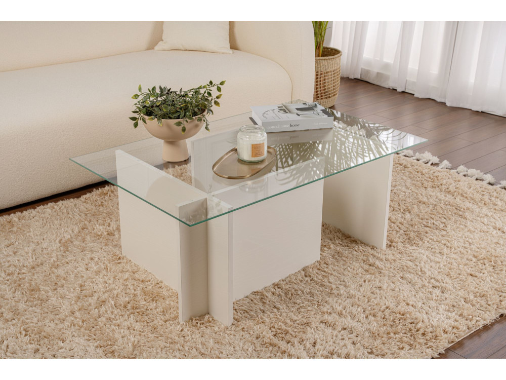 Mesa baja de cristal "Vetrino" 105 x 65 x 40 cm - Madera blanca