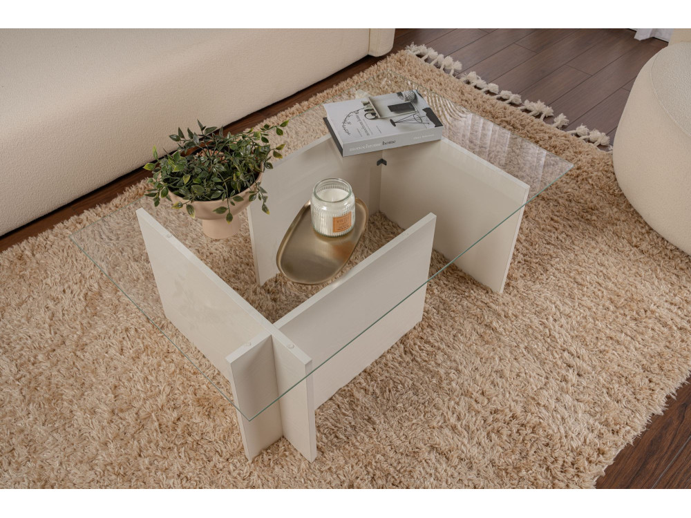 Mesa baja de cristal "Vetrino" 105 x 65 x 40 cm - Madera blanca