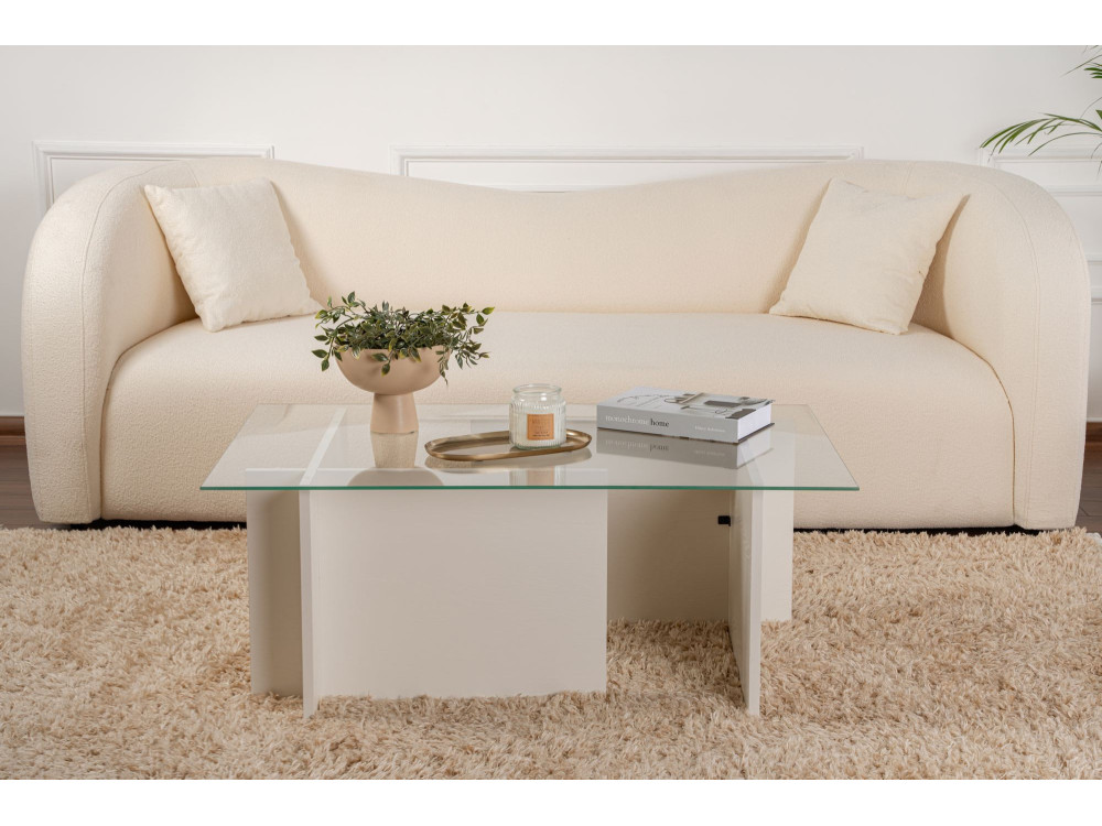 Mesa baja de cristal "Vetrino" 105 x 65 x 40 cm - Madera blanca