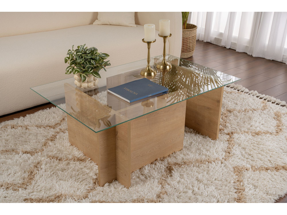 Mesa baja de cristal "Vetrino" 105 x 65 x 40 cm - Roble miel