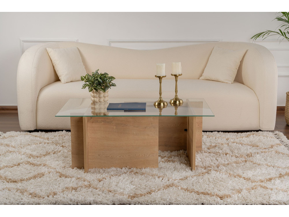 Mesa baja de cristal "Vetrino" 105 x 65 x 40 cm - Roble miel