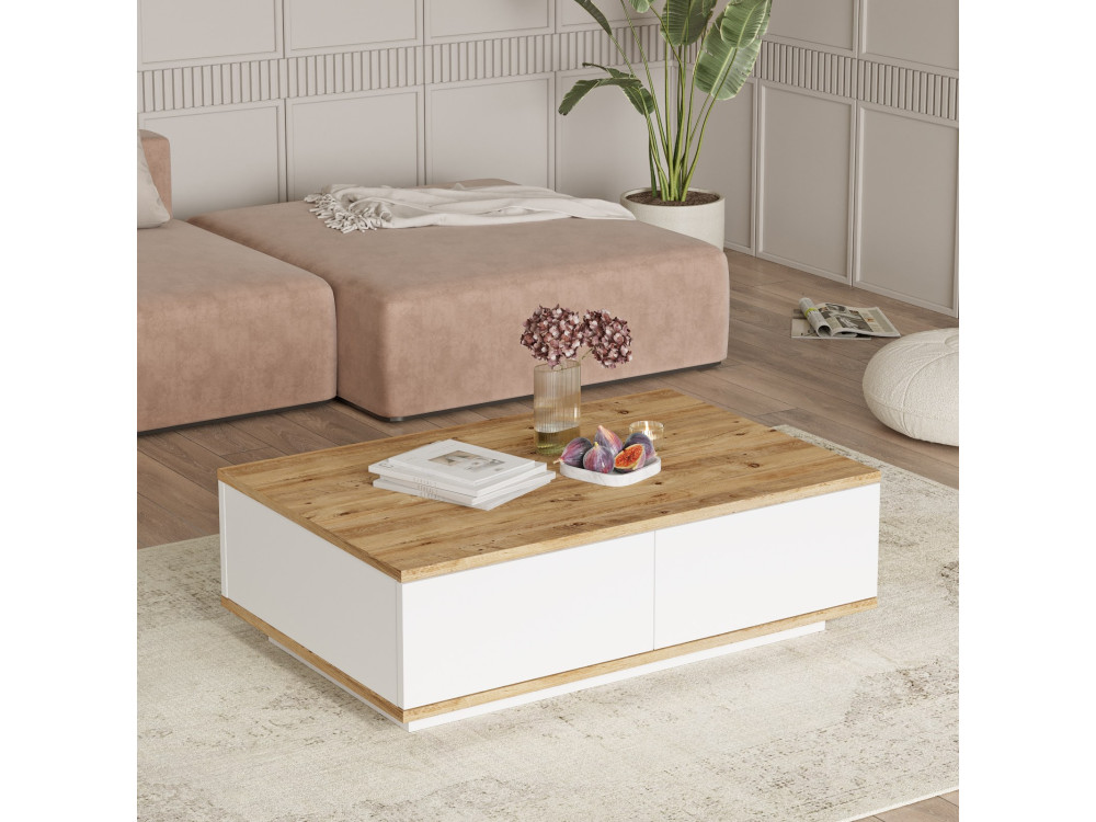Mesa baja de madera "FR14" - 90 x 60 x 28 cm - Pino AtlánticoBlanco