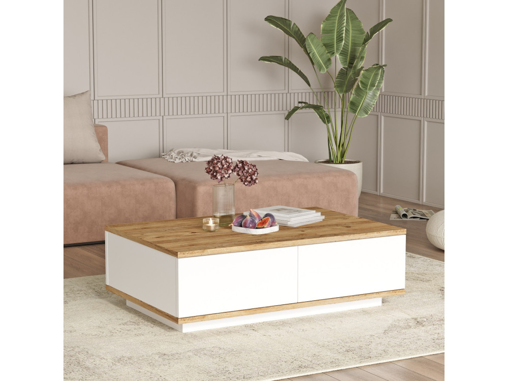 Mesa baja de madera "FR14" - 90 x 60 x 28 cm - Pino AtlánticoBlanco