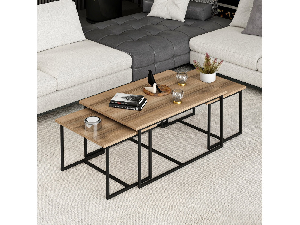 Mesa nido de madera "Levada" (3 piezas) - 90 x 60 x 42 cm - Nogal