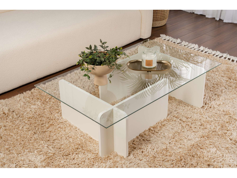 Mesa baja de cristal "Flavio" 105 x 65 x 30 cm - Madera blanca