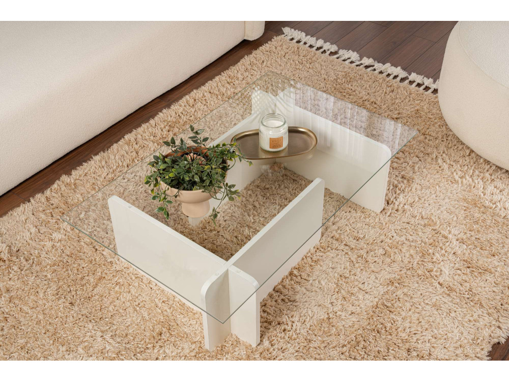 Mesa baja de cristal "Flavio" 105 x 65 x 30 cm - Madera blanca