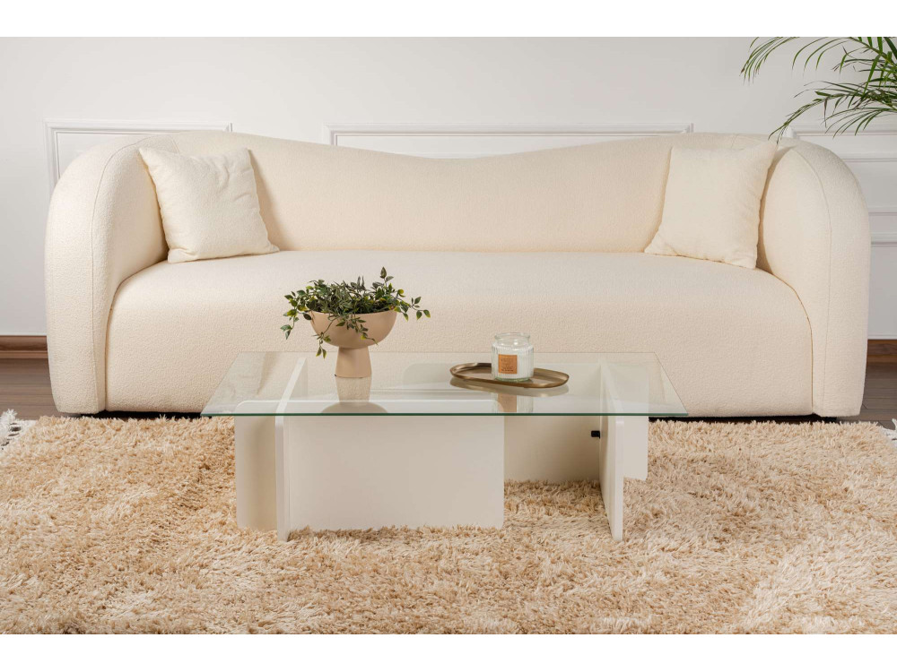 Mesa baja de cristal "Flavio" 105 x 65 x 30 cm - Madera blanca