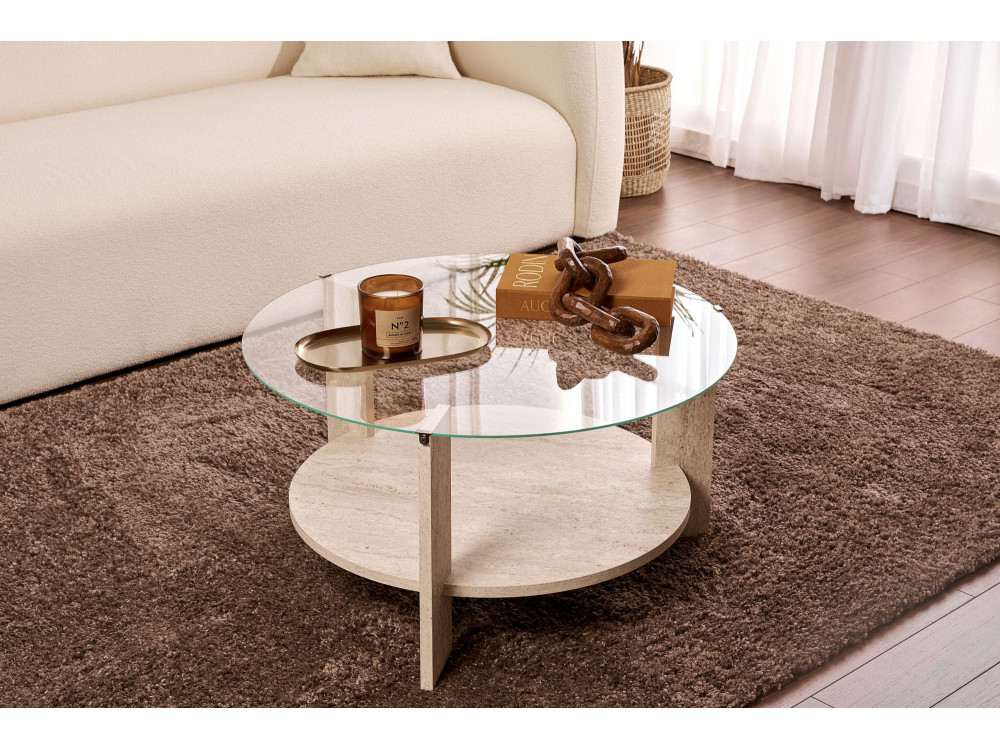 Mesa baja de madera "Clara" - 75 x 75 x 40 cm - TravertinoTransparente