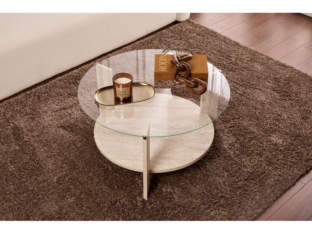 Mesa baja de madera "Clara" - 75 x 75 x 40 cm - TravertinoTransparente