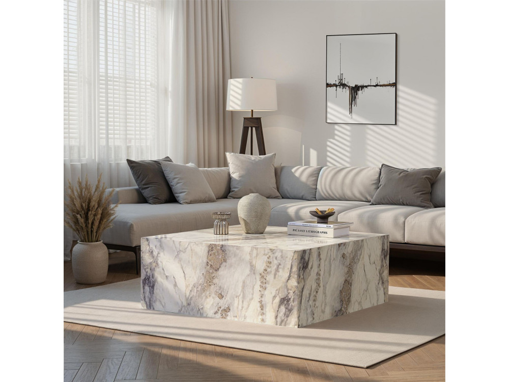 Mesa baja de madera "Prizma" - 90 x 90 x 35 cm - mármol Freesia