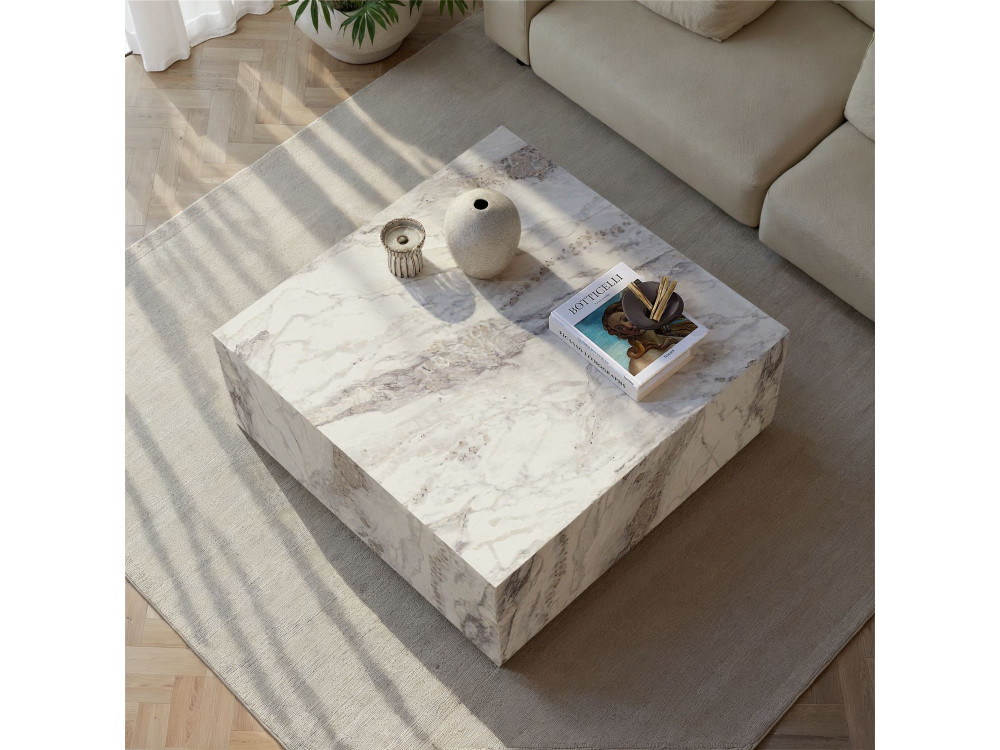 Mesa baja de madera "Prizma" - 90 x 90 x 35 cm - mármol Freesia