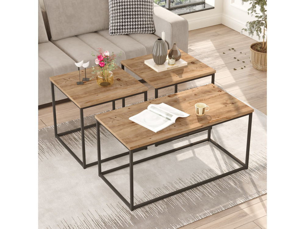 Lote de 3 mesas de centro de madera "VG9" - 90 x 45 x 44 cm - Pino Atlántico