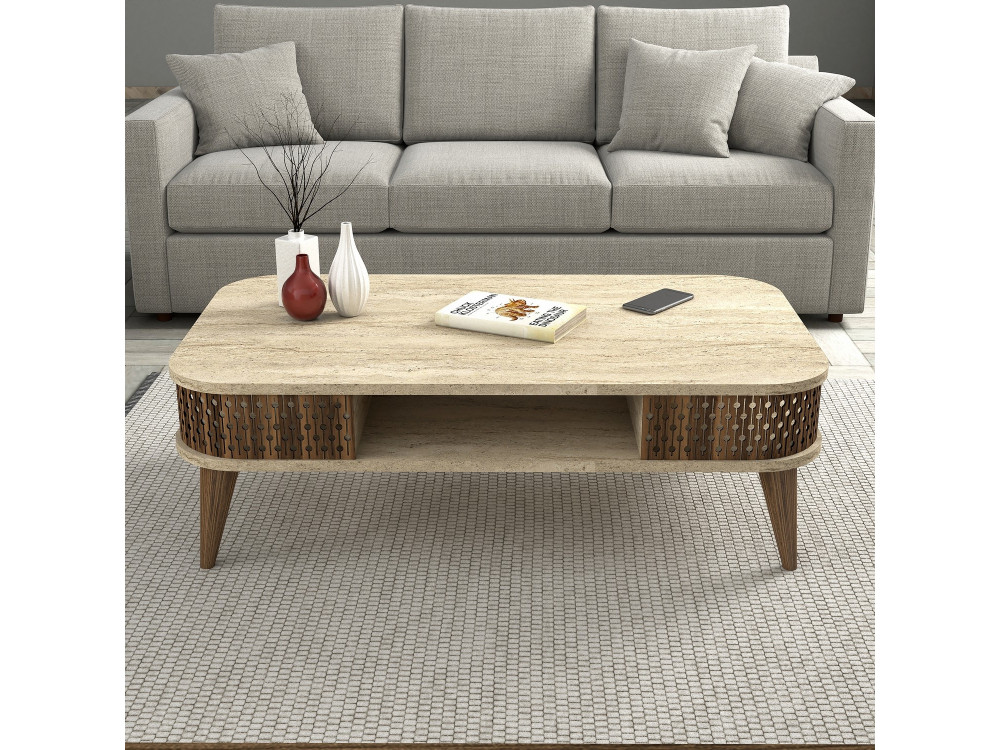 Mesa baja de madera "Eylul" - 105 x 60 x 35 cm - Travertino