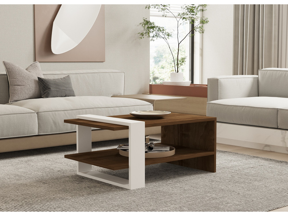 Mesa baja de madera "Gaye" - 80 x 50 x 35 cm - Nogal, Blanco