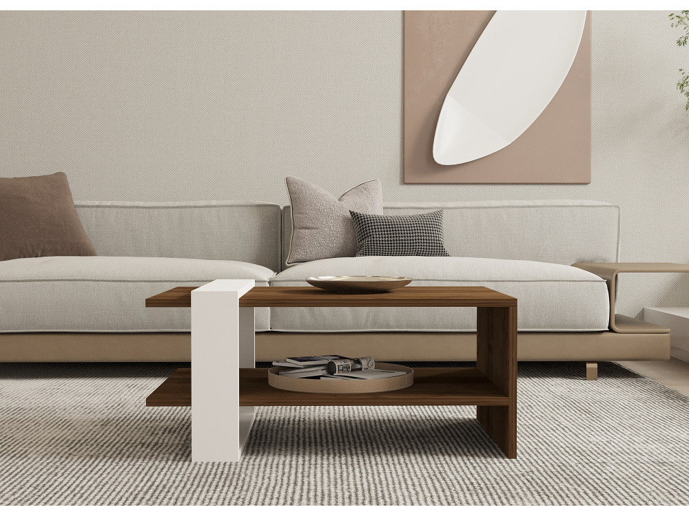 Mesa baja de madera "Gaye" - 80 x 50 x 35 cm - Nogal, Blanco