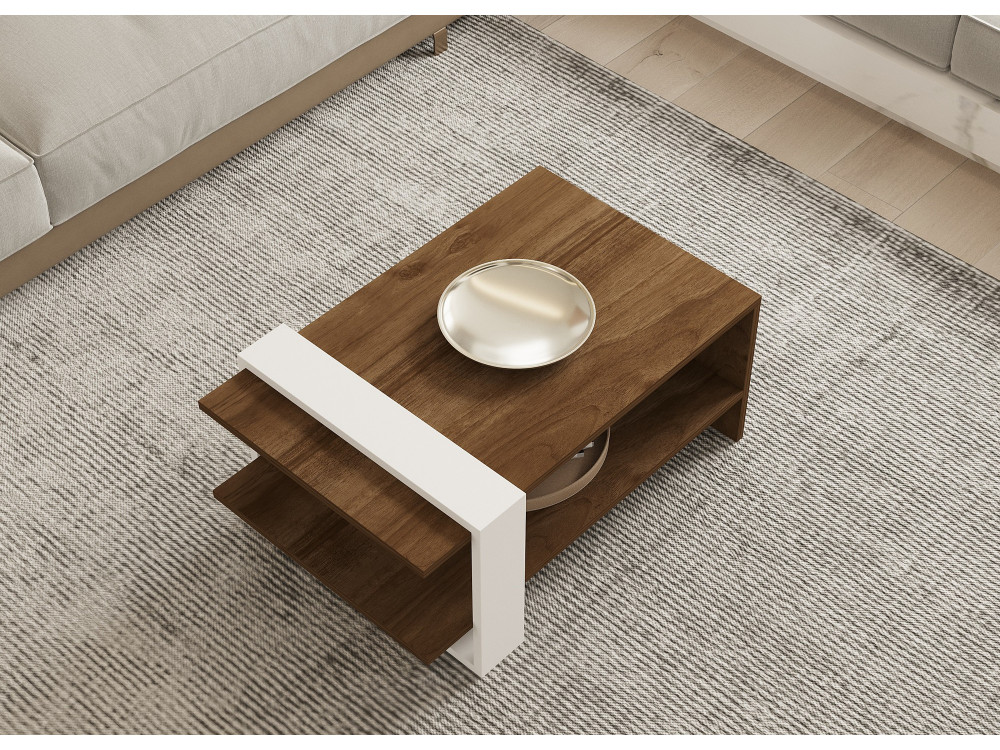 Mesa baja de madera "Gaye" - 80 x 50 x 35 cm - Nogal, Blanco