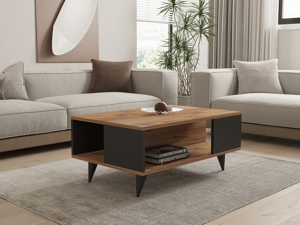 Mesa baja de madera "Yuka" - 90 x 60 x 39 cm - Nogal, Negro