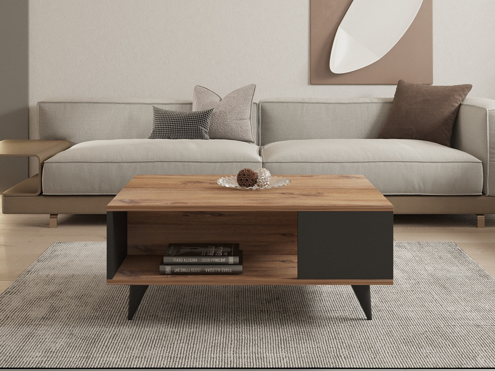 Mesa baja de madera "Yuka" - 90 x 60 x 39 cm - Nogal, Negro