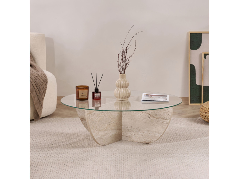 Mesa baja de cristal "Liya" 90 x 90 x 30 cm - Travertino
