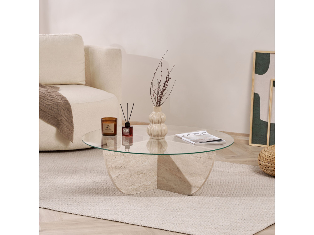 Mesa baja de cristal "Liya" 90 x 90 x 30 cm - Travertino