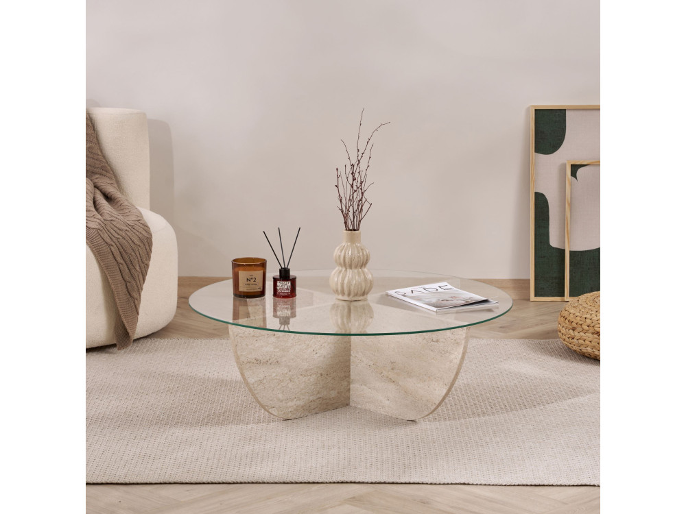 Mesa baja de cristal "Liya" 90 x 90 x 30 cm - Travertino