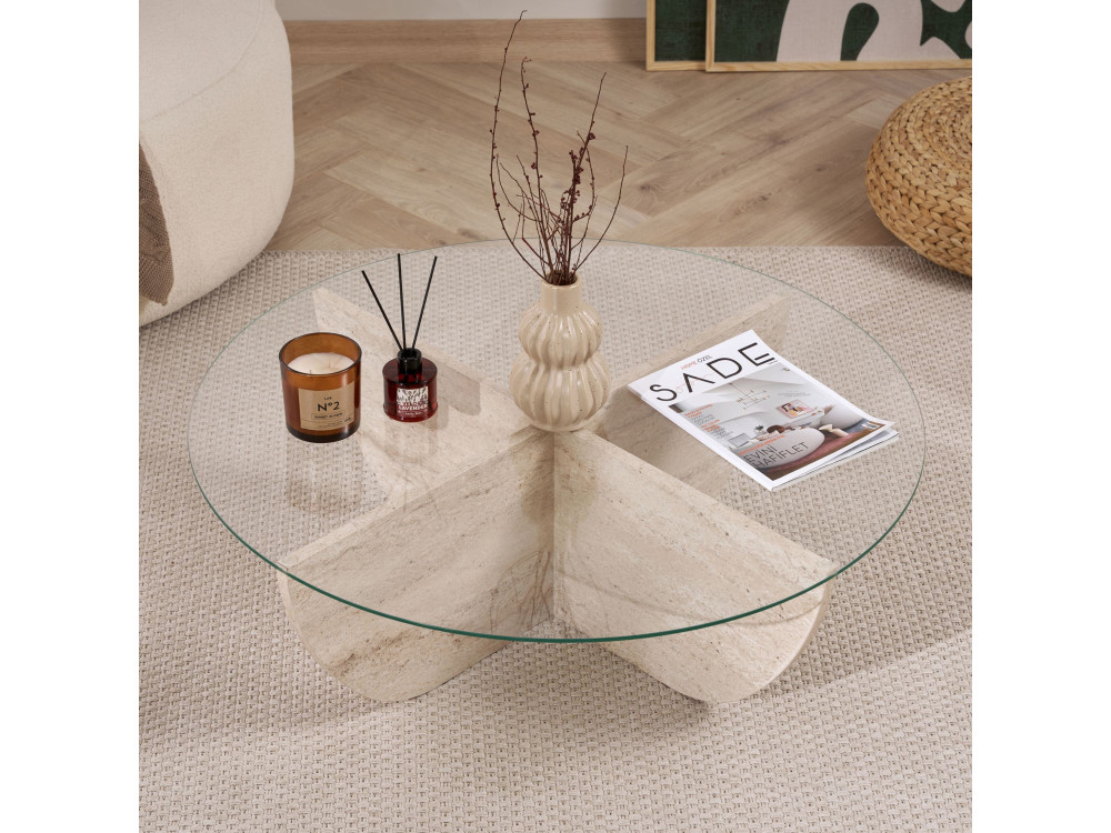 Mesa baja de cristal "Liya" 90 x 90 x 30 cm - Travertino