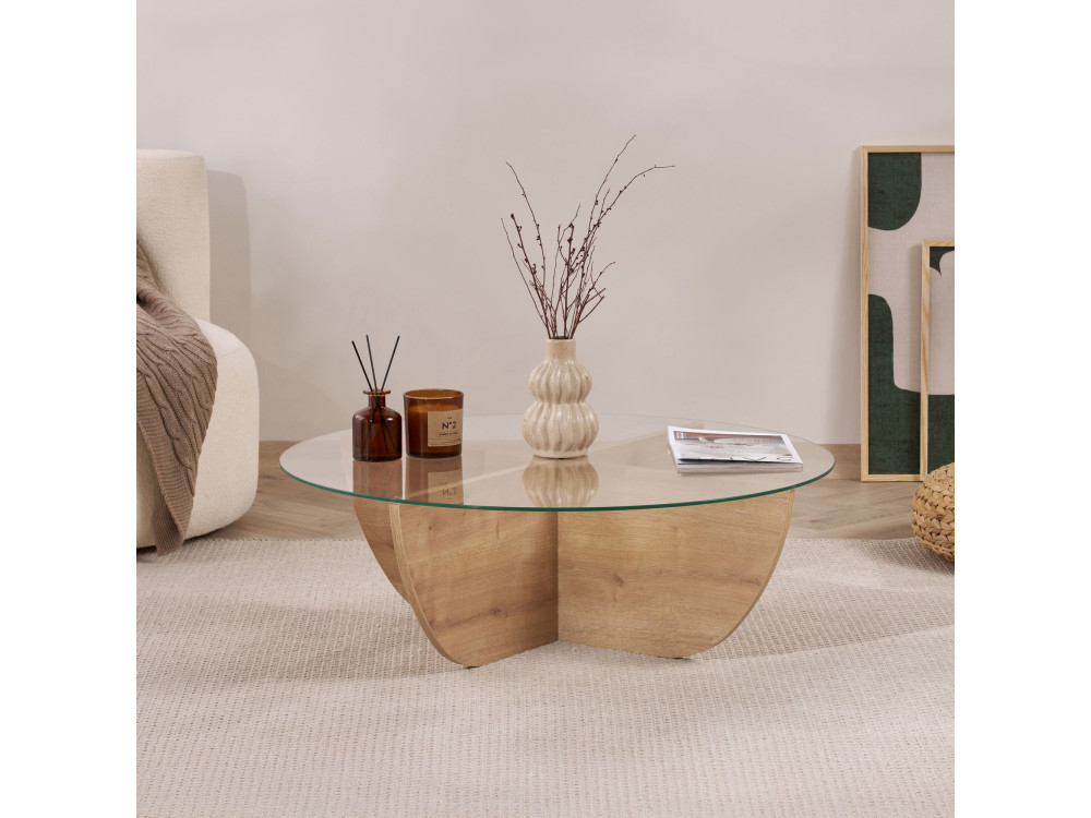 Mesa baja de cristal "Liya" 90 x 90 x 30 cm - Roble zafiro
