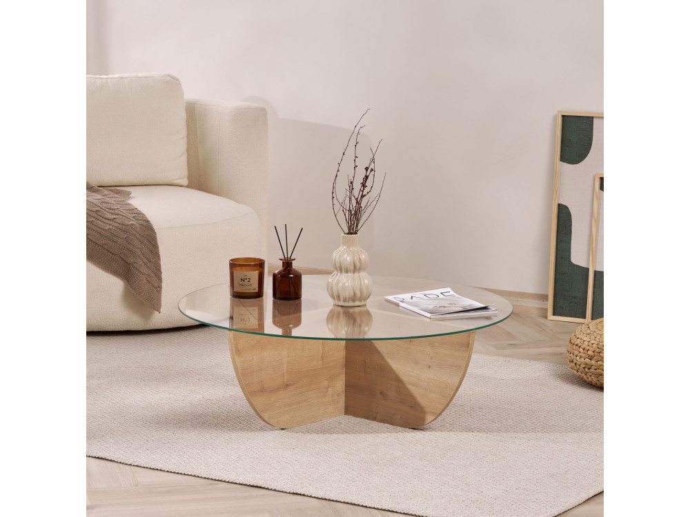 Mesa baja de cristal "Liya" 90 x 90 x 30 cm - Roble zafiro