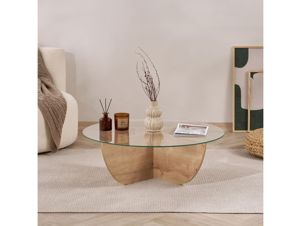 Mesa baja de cristal "Liya" 90 x 90 x 30 cm - Roble zafiro