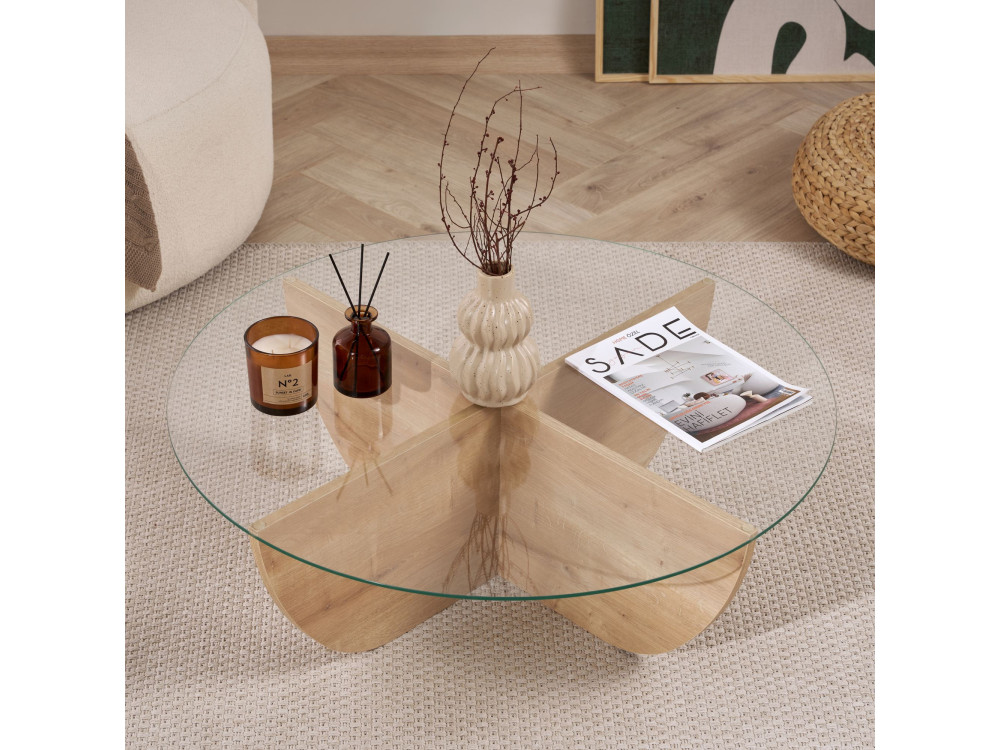 Mesa baja de cristal "Liya" 90 x 90 x 30 cm - Roble zafiro