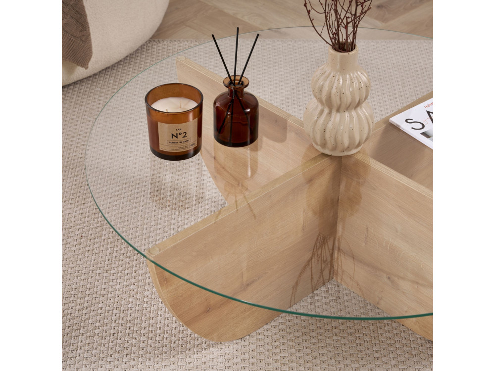 Mesa baja de cristal "Liya" 90 x 90 x 30 cm - Roble zafiro