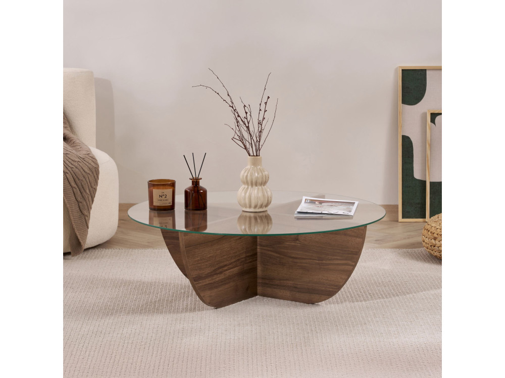 Mesa baja de cristal "Liya" 90 x 90 x 30 cm - Nogal