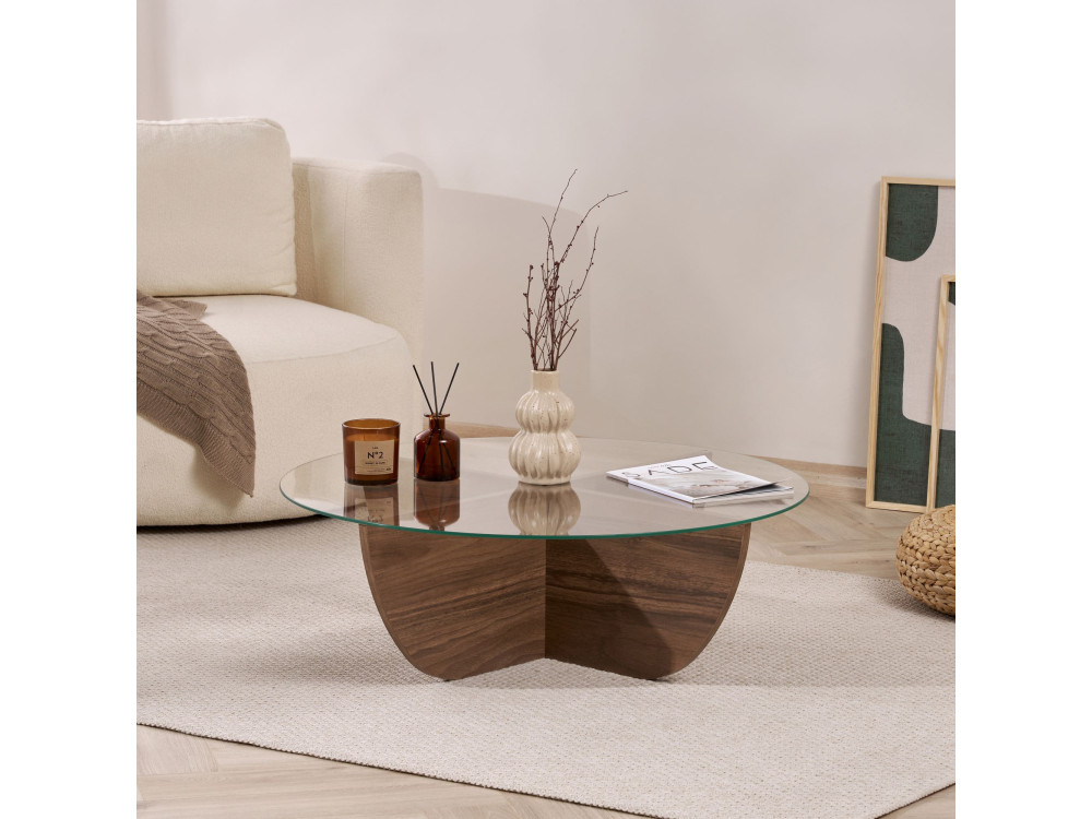 Mesa baja de cristal "Liya" 90 x 90 x 30 cm - Nogal