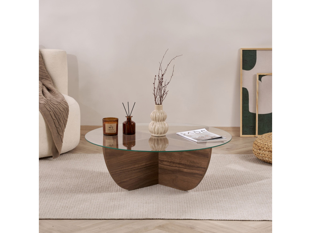 Mesa baja de cristal "Liya" 90 x 90 x 30 cm - Nogal