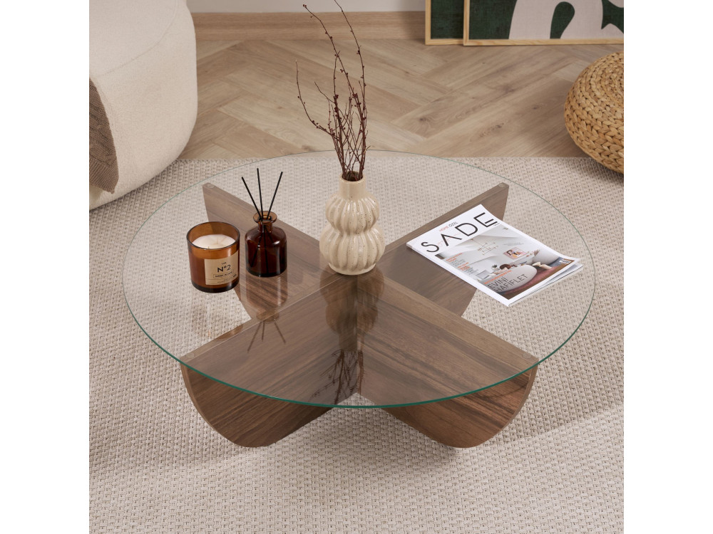 Mesa baja de cristal "Liya" 90 x 90 x 30 cm - Nogal
