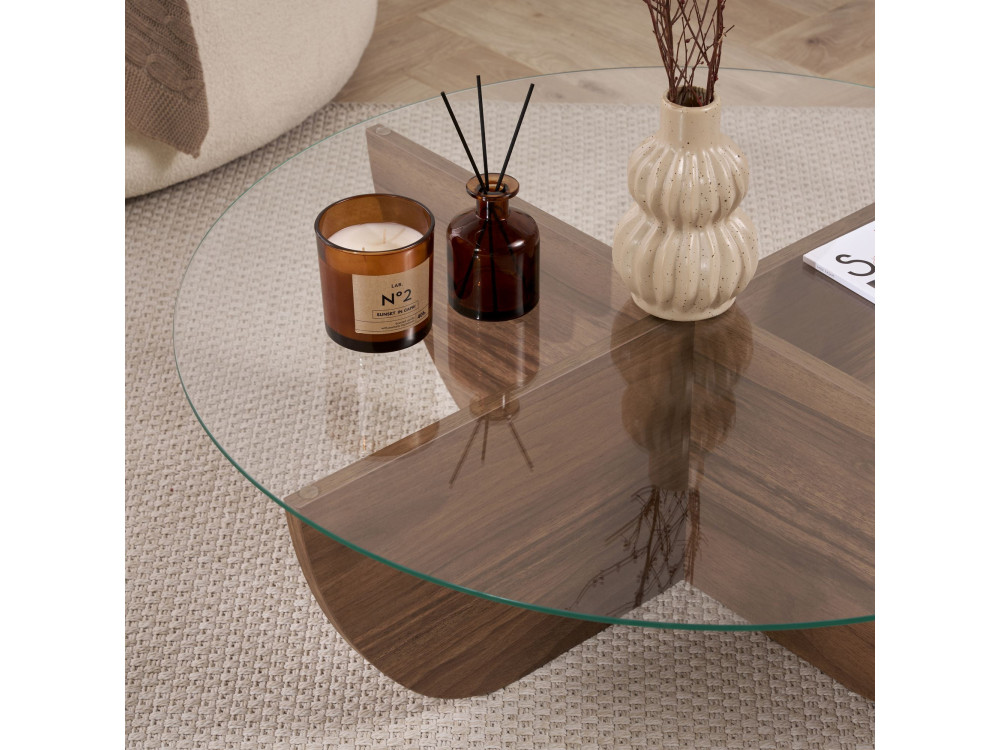 Mesa baja de cristal "Liya" 90 x 90 x 30 cm - Nogal
