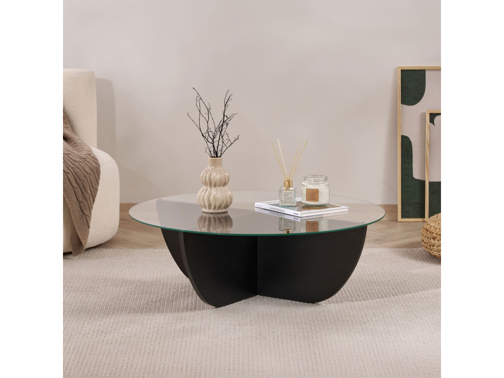 Mesa baja de cristal "Liya" 90 x 90 x 30 cm - Madera negra