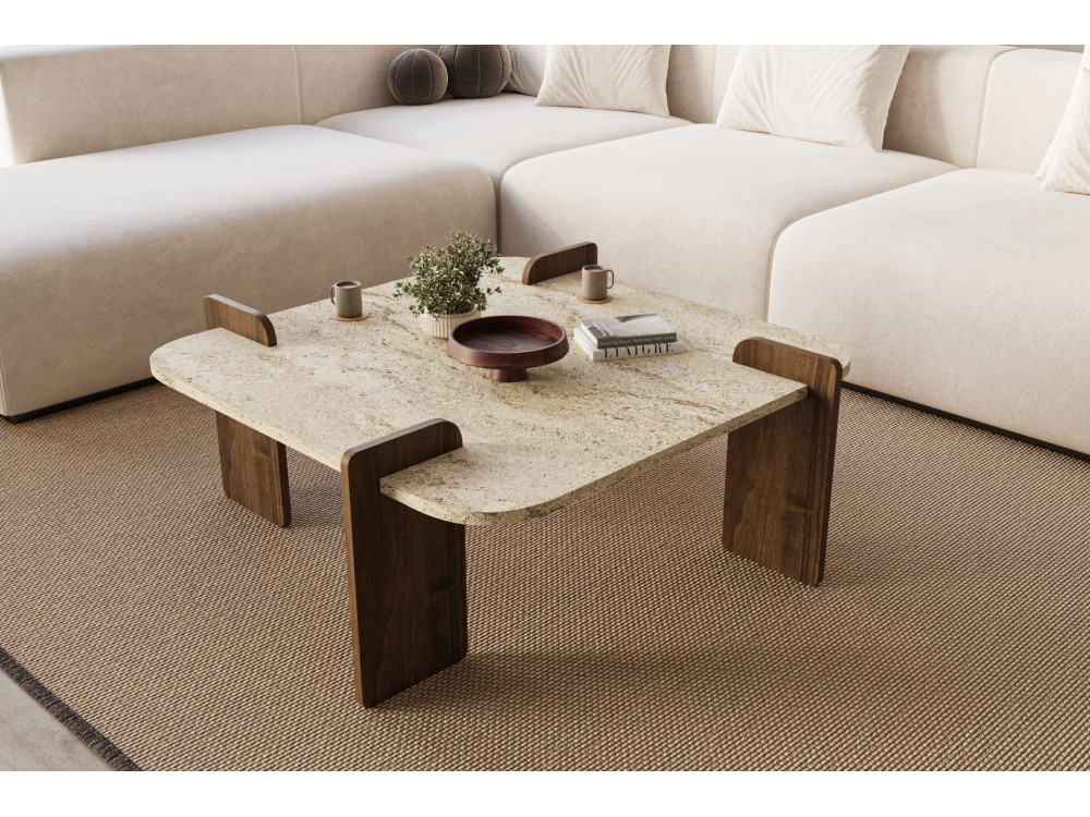 Mesa baja de madera "Afrolli" - 90 x 90 x 35 cm - Travertino